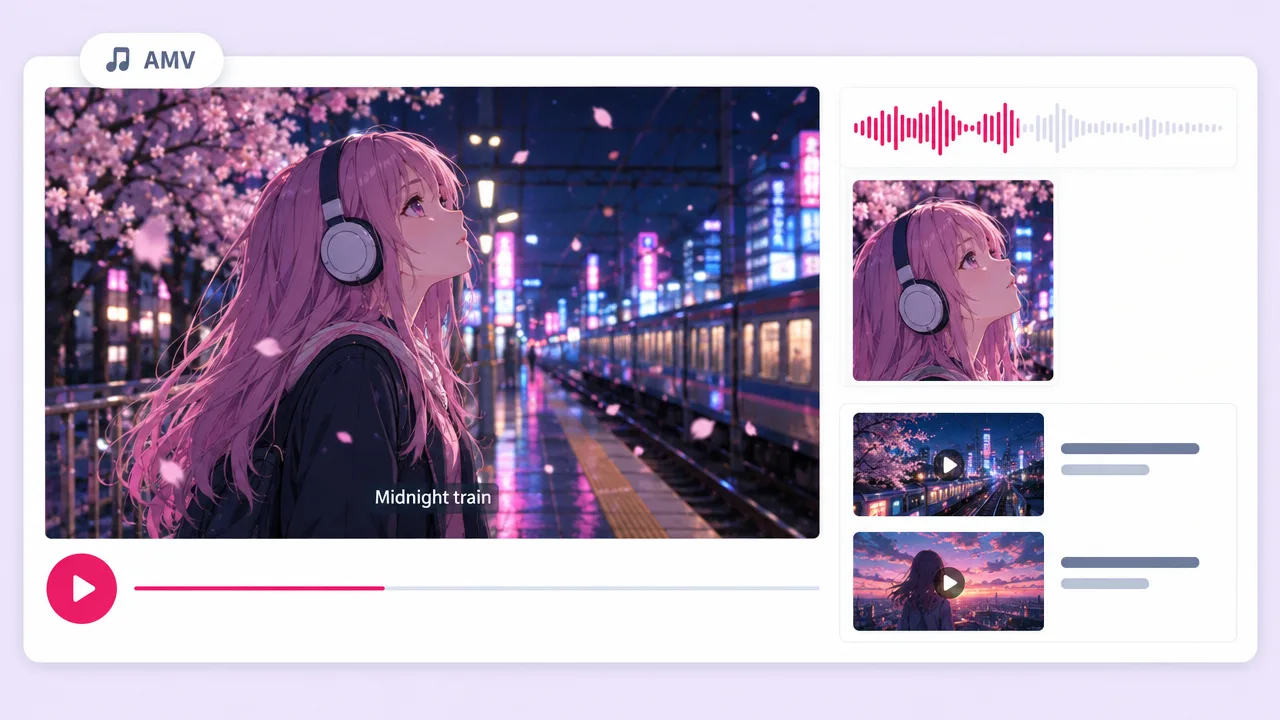 Anime music video player showing a pink-haired girl in headphones on a neon train platform at night under the lyric "Midnight train"