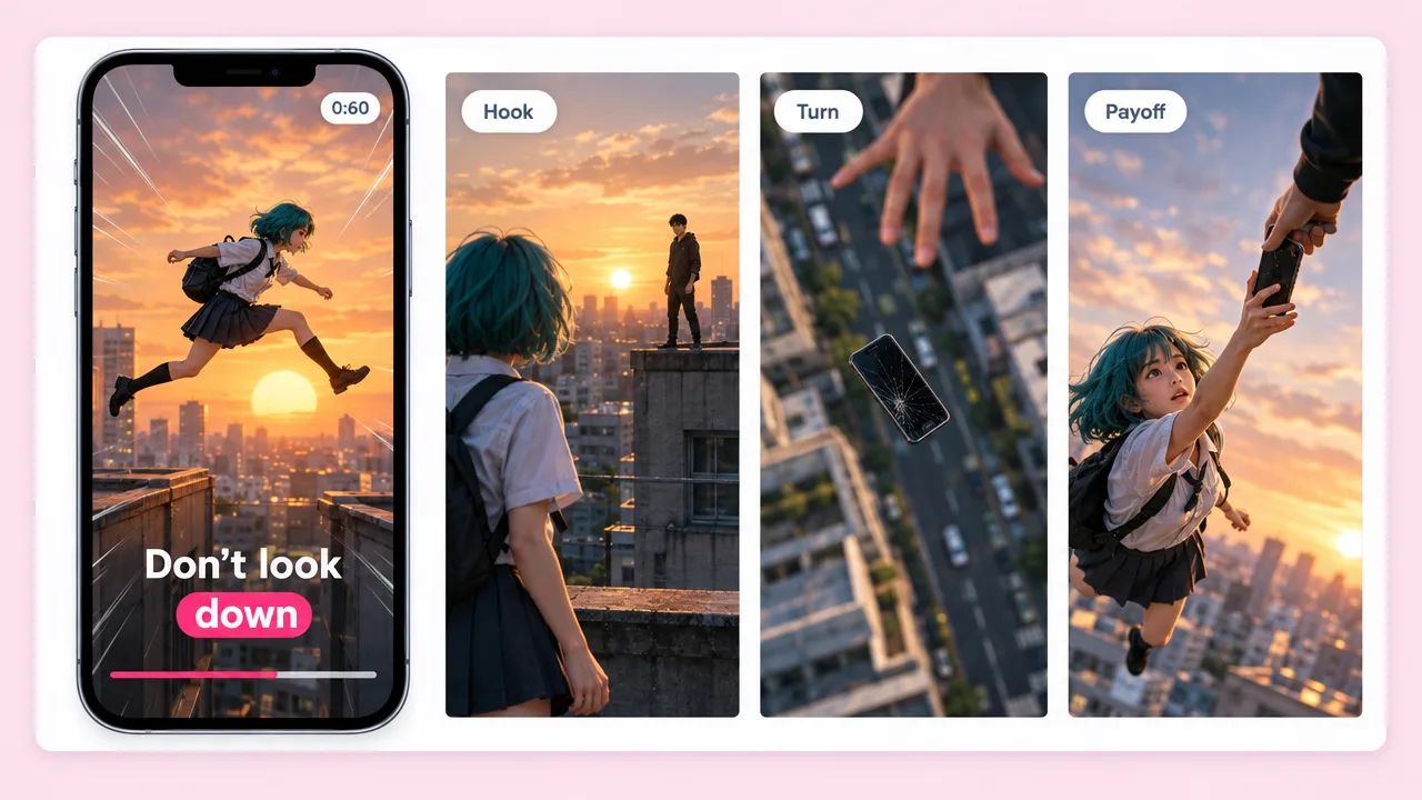 Vertical anime short on a phone of a teal-haired schoolgirl leaping rooftops at sunset, captioned "Don't look down", with hook, turn and payoff frames