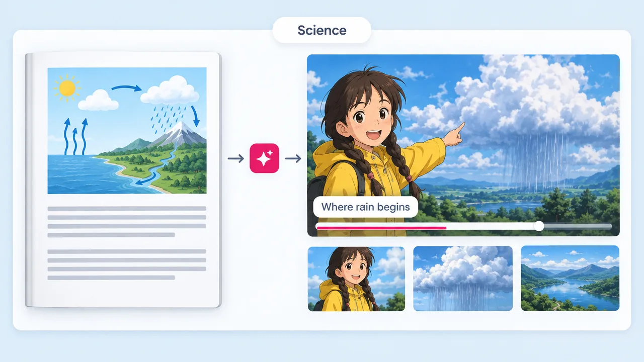 A water cycle diagram turned into an AI anime explainer where a girl in a yellow raincoat points at rain clouds, captioned "Where rain begins"