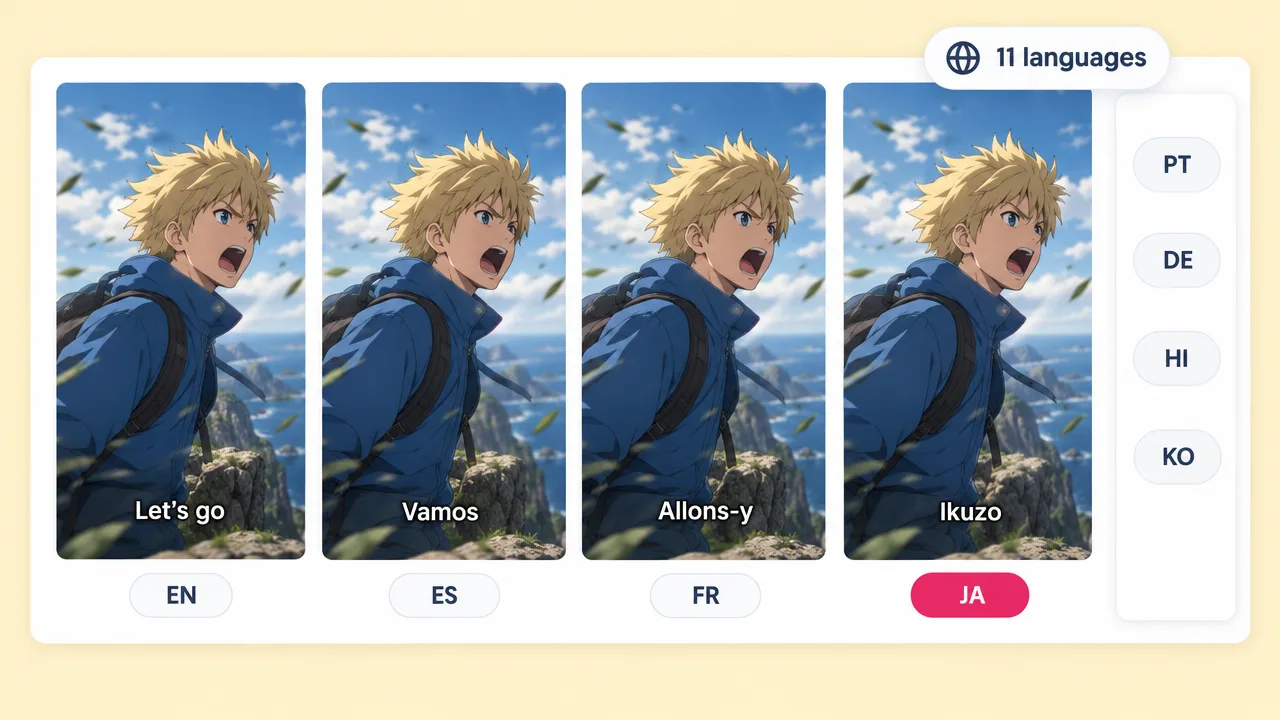 Four vertical frames of the same blond anime hero shouting on a cliff, dubbed as "Let's go", "Vamos", "Allons-y" and "Ikuzo" for EN, ES, FR and JA