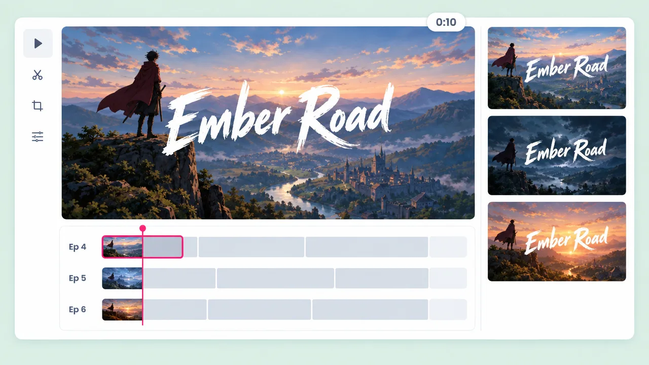 Editor preview of an anime opening title "Ember Road" over a painted valley, with title variants and an opening clip placed before episodes 4 to 6