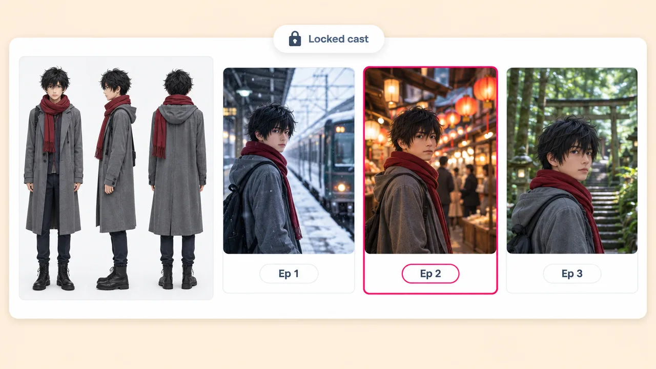 Character sheet of an anime boy in a red scarf and grey coat beside three episode stills that keep him consistent, made with an anime video generator