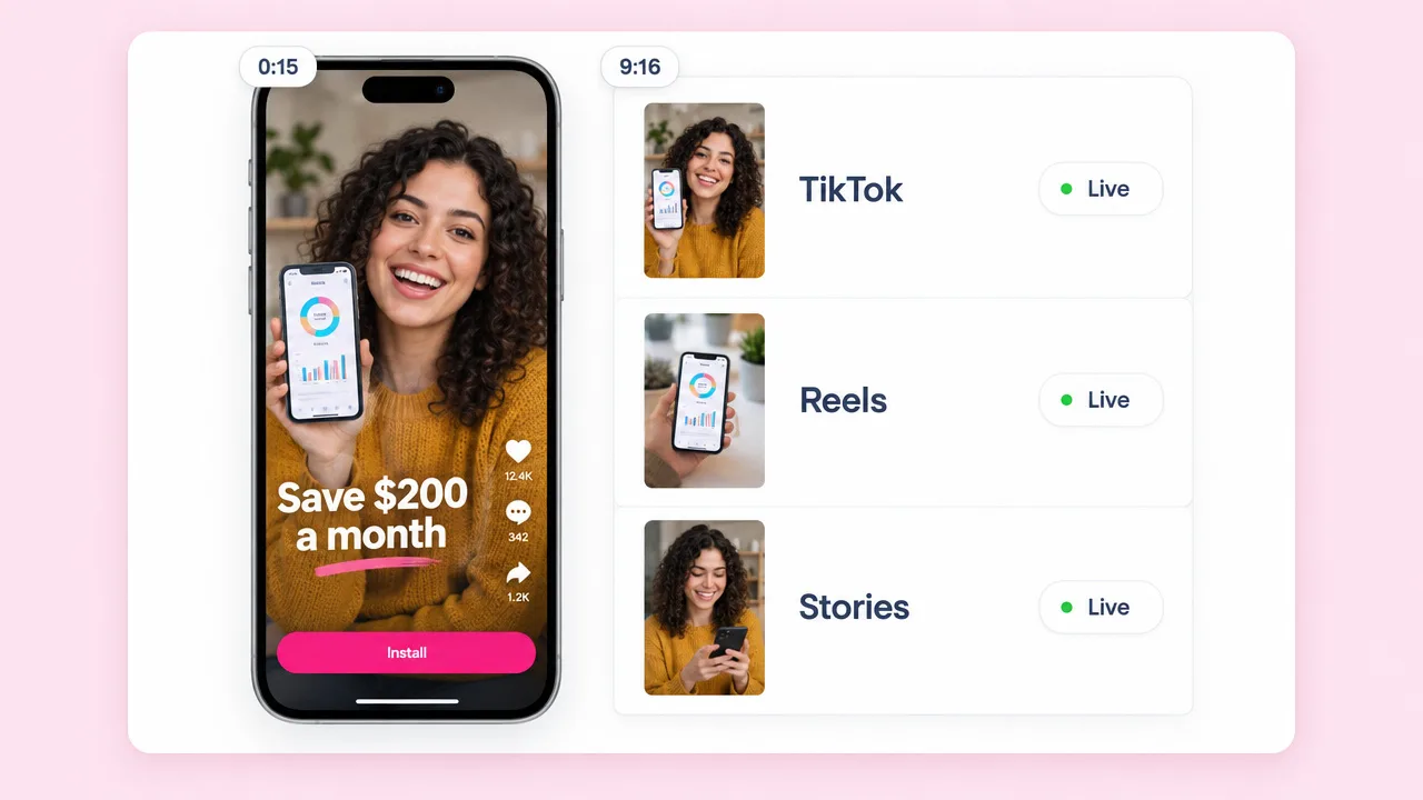 Vertical app install ad of a smiling woman holding a budgeting app, captioned "Save $200 a month", published live to TikTok, Reels and Stories