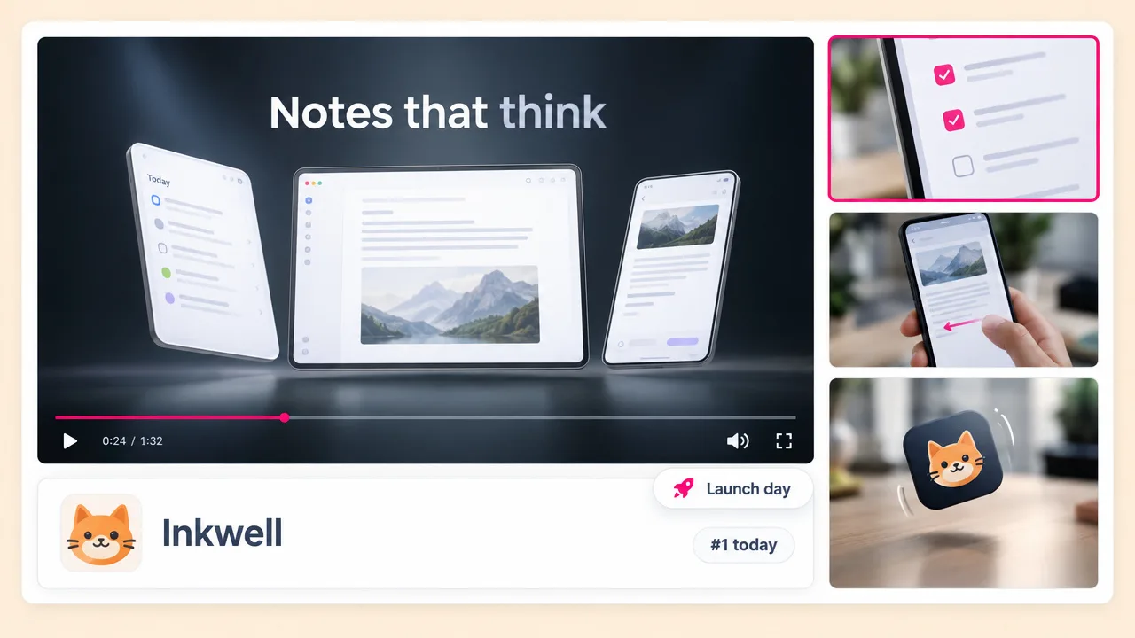 Launch film for the Inkwell note-taking app with floating screens under the headline "Notes that think", plus vertical teaser cuts for launch day