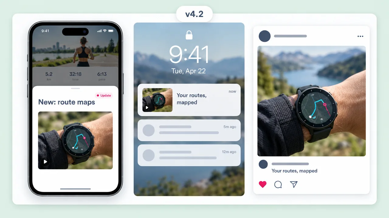 App promo video for a "New: route maps" update shown as an in-app message, a lock-screen notification and a social post of a runner's smartwatch