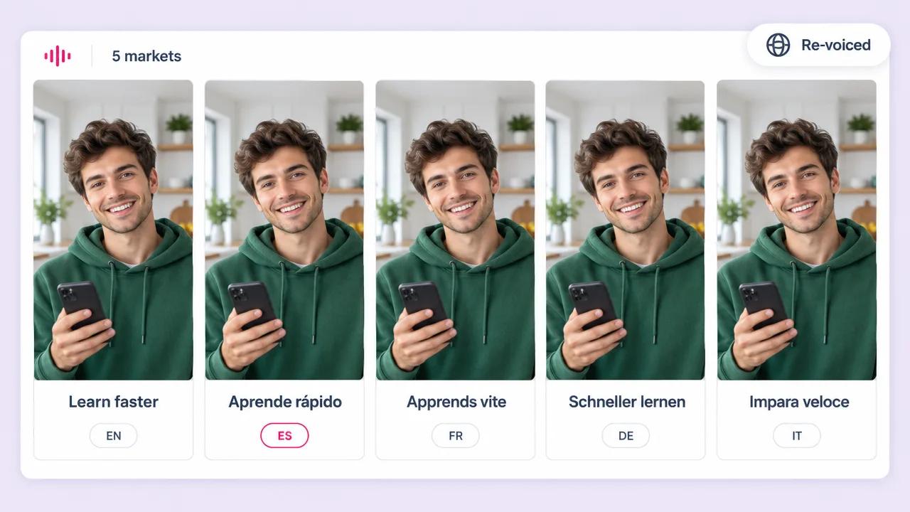 Five vertical versions of one language app promo with a young man in a green hoodie, captioned in English, Spanish, French, German and Italian
