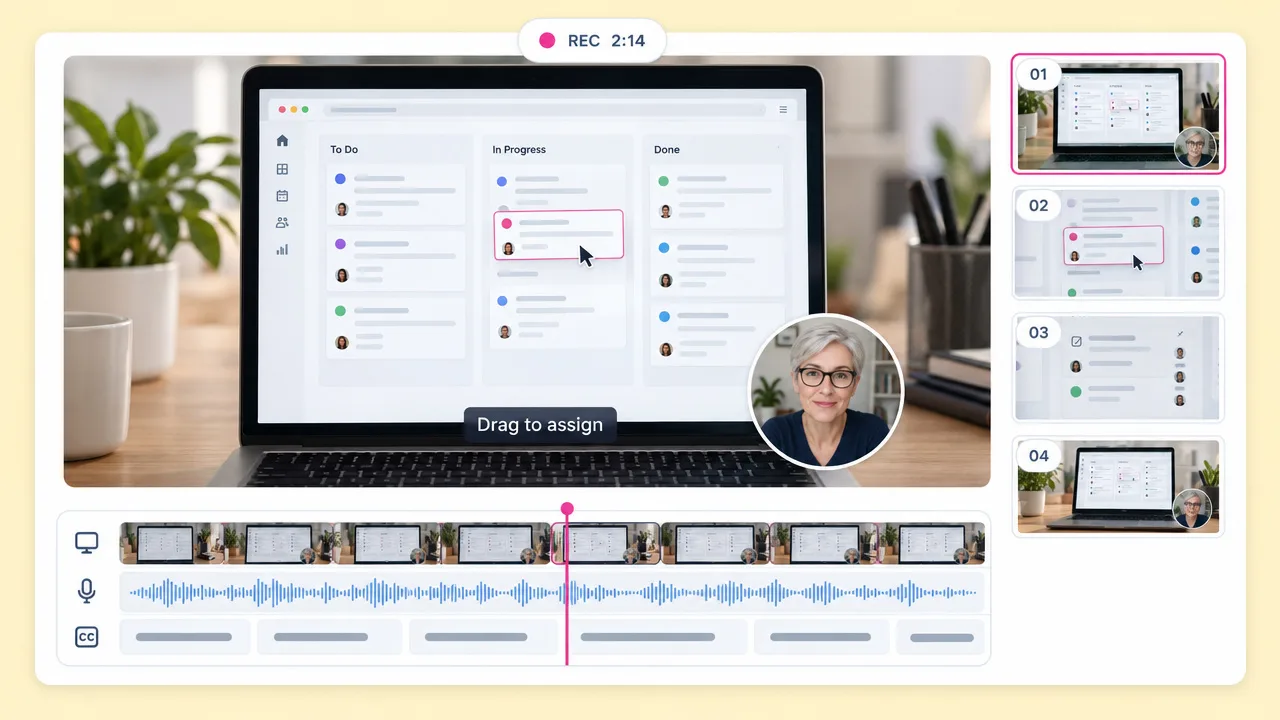 Screen-recorded walkthrough of a kanban app with a webcam bubble of the presenter, the caption "Drag to assign" and a voiceover timeline