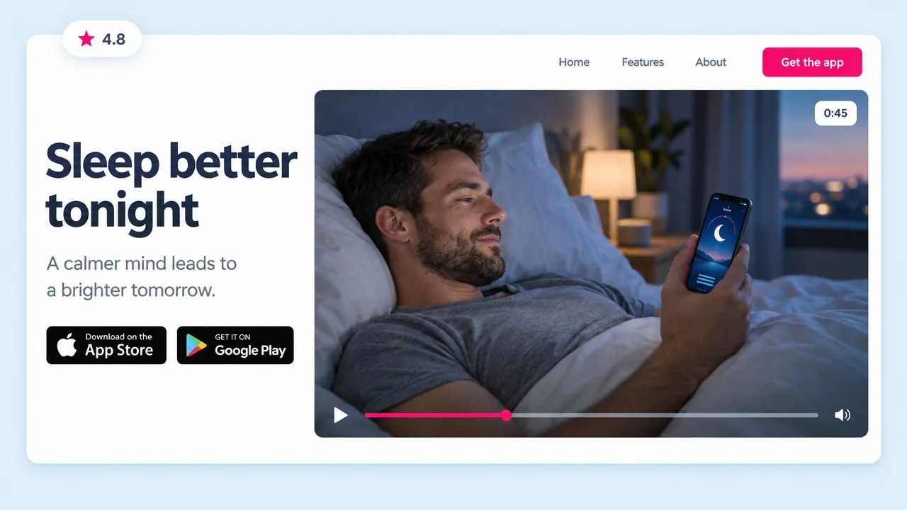 App landing page with the headline "Sleep better tonight" and store badges beside a hero video of a man in bed using a sleep app on his phone