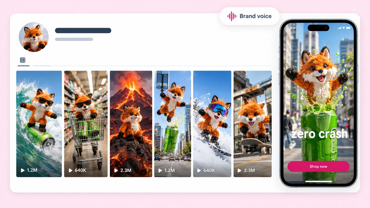 Brand profile grid of an orange fox mascot surfing a can and fleeing a volcano, with view counts and a phone ad captioned "zero crash"