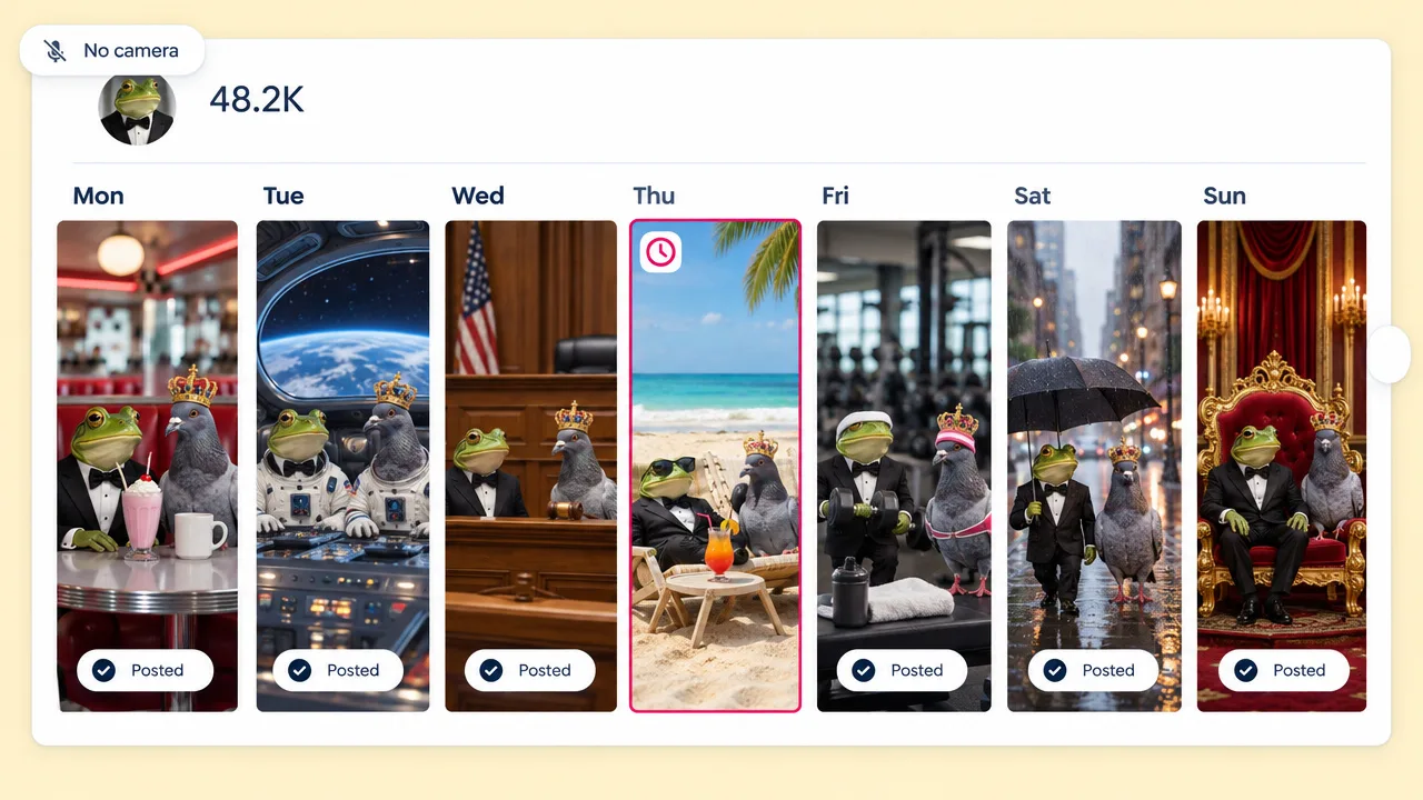 Faceless channel calendar from Monday to Sunday of a tuxedo frog and a crowned pigeon in absurd scenes like a diner, a spaceship and a courtroom