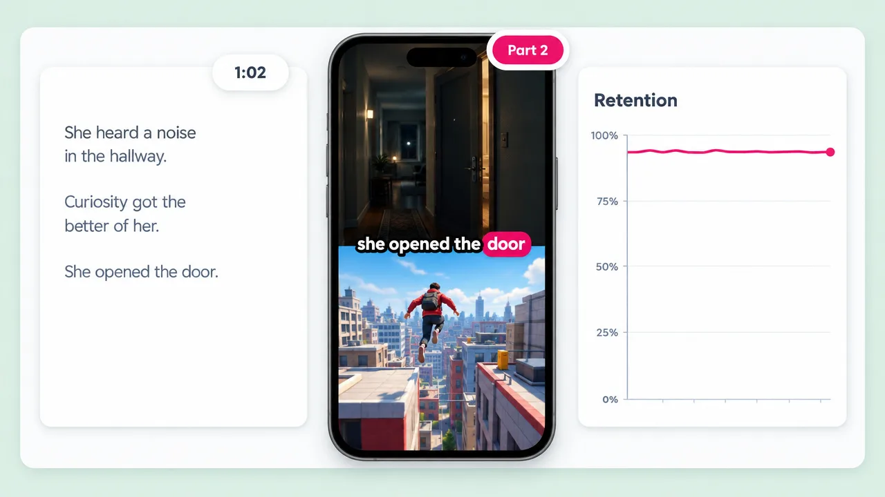Split-screen story video with a dark hallway above parkour gameplay, captioned "she opened the door", next to the script and a flat retention graph