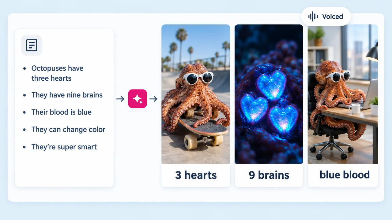 Octopus fun facts converted by a brainrot video generator into vertical clips of a sunglasses octopus labelled "3 hearts", "9 brains" and "blue blood"