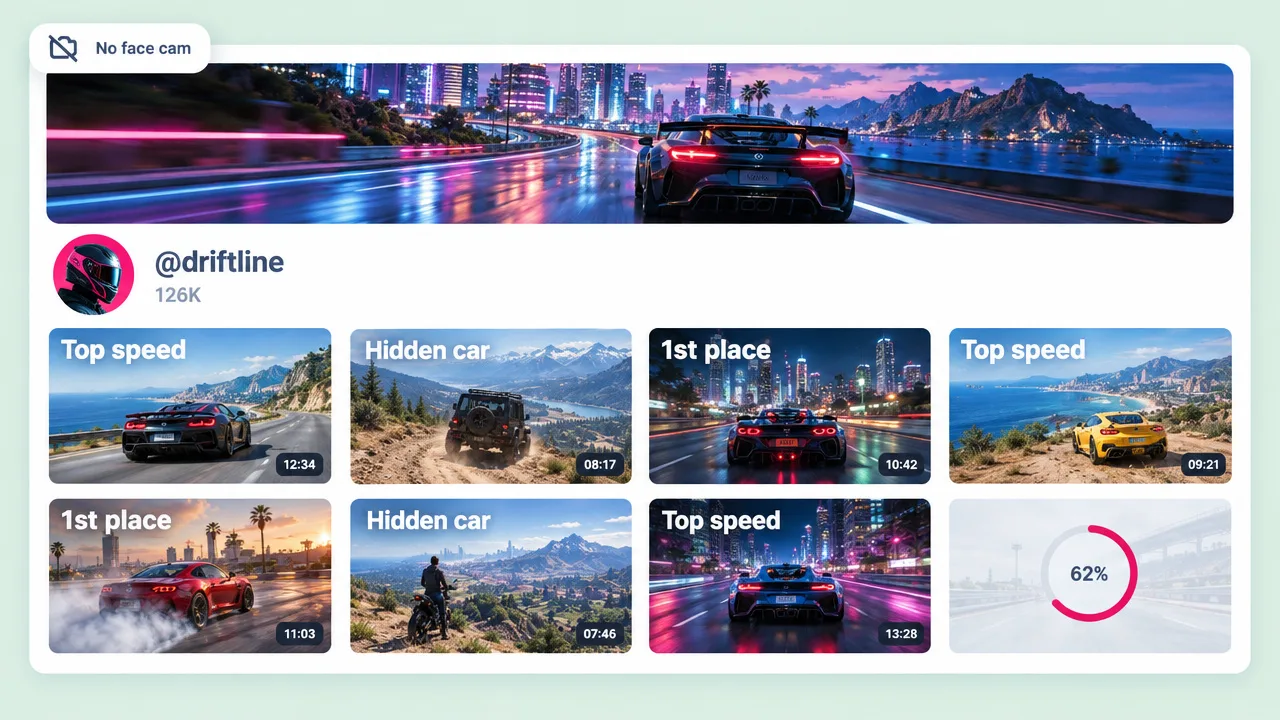 Faceless racing channel @driftline with 126K subscribers and a grid of car gameplay thumbnails titled "Top speed", "Hidden car" and "1st place"