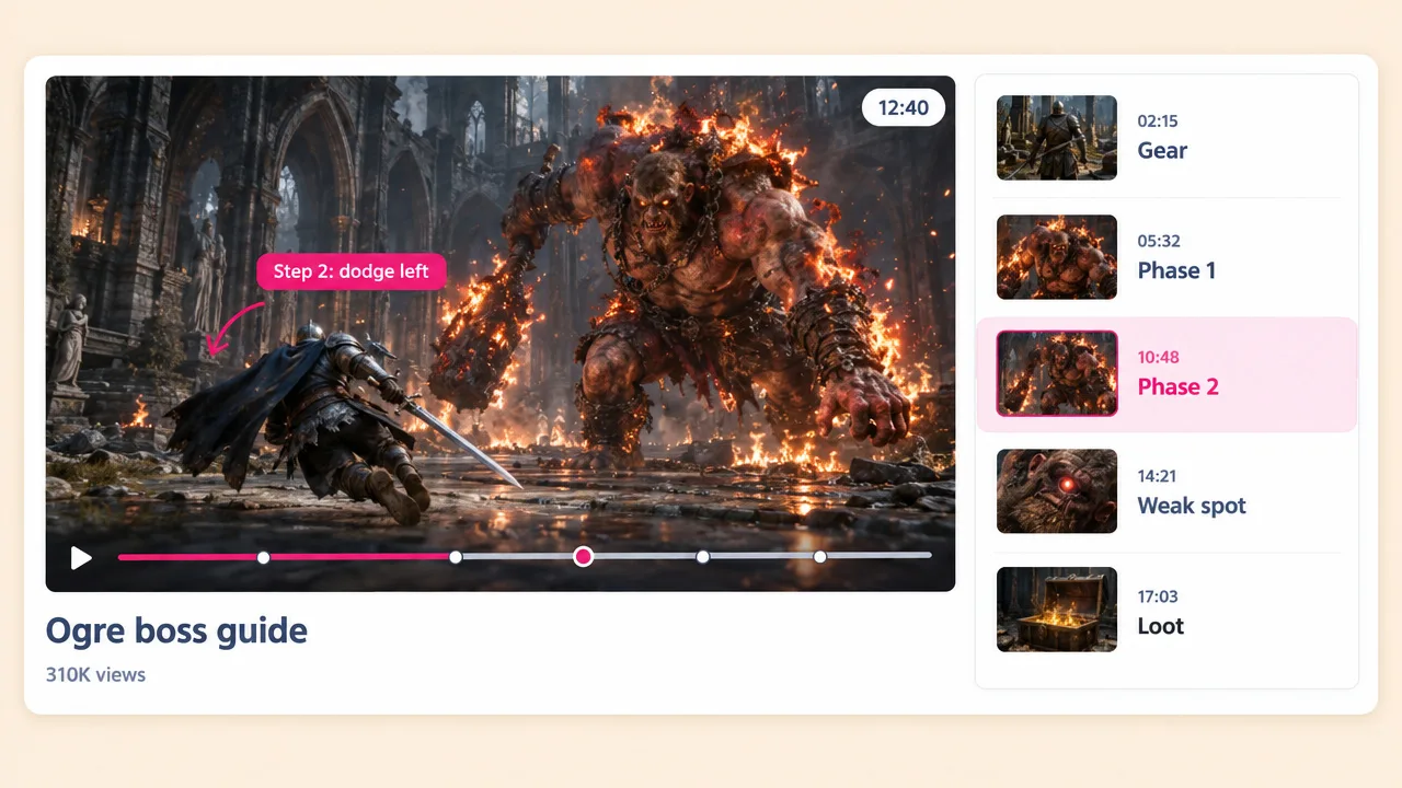 Ogre boss guide on a video player with a knight dodging fire and the callout "Step 2: dodge left", plus chapters from Gear to Loot