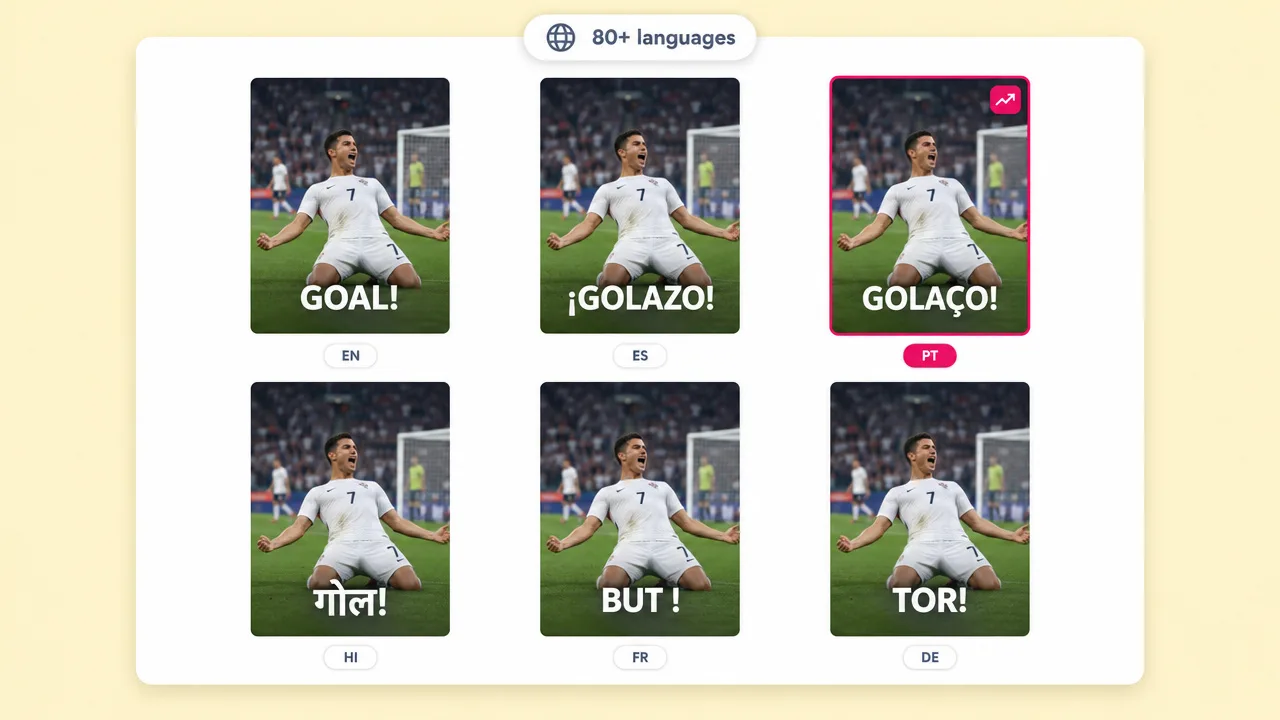 Six copies of a football game goal celebration captioned in six languages, including "GOAL!", "¡GOLAZO!", "GOLAÇO!" and "TOR!"