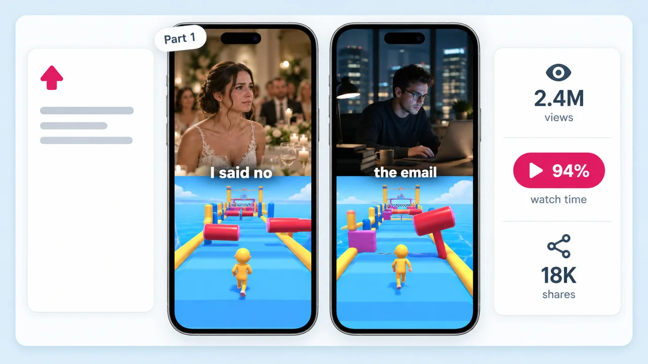 Two phones with split-screen story videos, a bride and an office worker captioned "I said no" and "the email" above obstacle-course runner gameplay