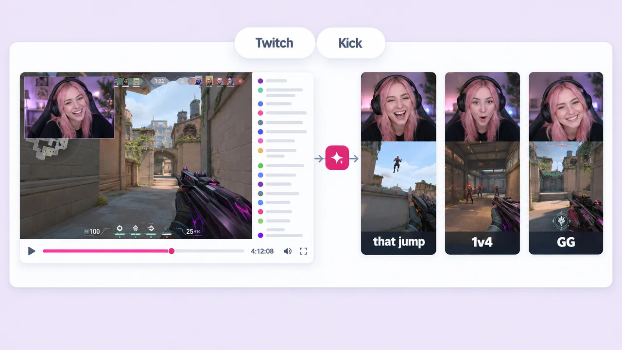 Long shooter stream with a laughing streamer webcam cut by a gameplay video generator into vertical clips titled "that jump", "1v4" and "GG"