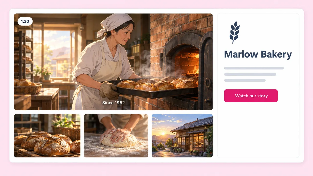 Hand-painted anime brand film of a baker pulling bread from a brick oven, subtitled "Since 1962", beside a Marlow Bakery "Watch our story" page