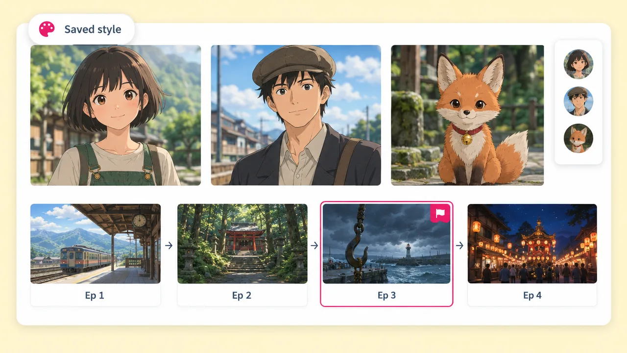 Saved style board with a painted girl, a boy in a flat cap and a fox, above four consistent episode stills from a train station to a night festival