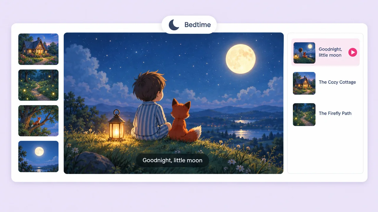 Painted bedtime story of a boy in striped pyjamas and a fox cub under the moon, subtitled "Goodnight, little moon", with page thumbnails