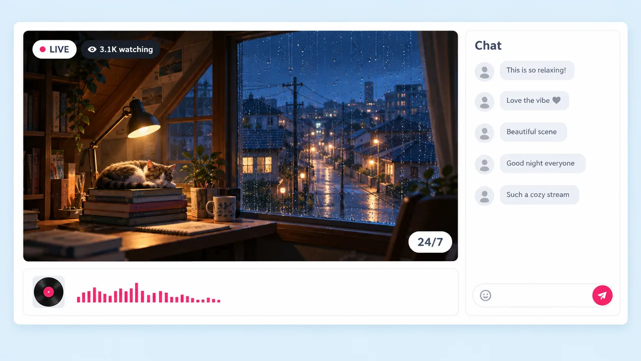Ghibli-style lo-fi live stream of a rainy attic room with a lamp and a sleeping cat on books, 3.1K watching, beside a chat column