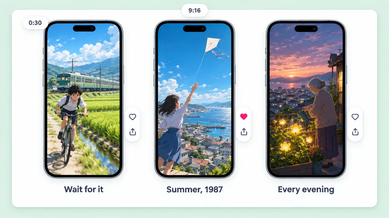 Three phones playing Ghibli AI video shorts: a boy cycling past a train, a girl flying a kite over a seaside town and a woman watering glowing flowers