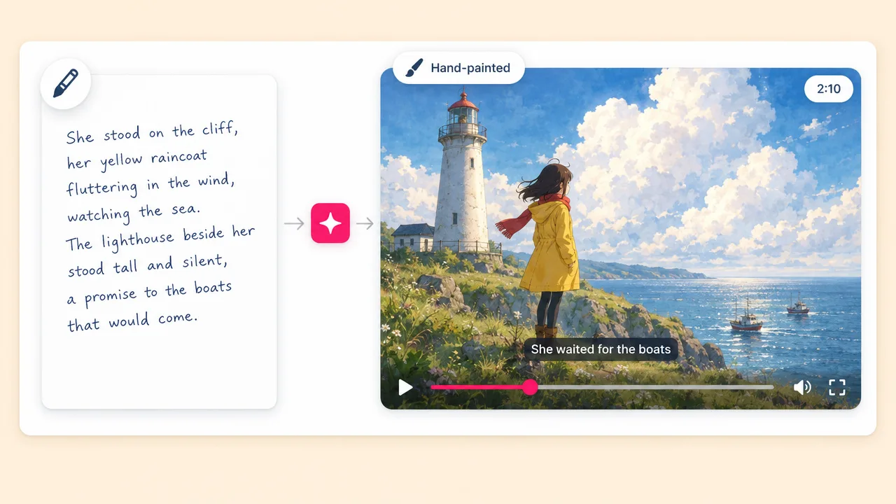 Handwritten story of a girl by a lighthouse turned into a hand-painted video of her in a yellow raincoat, subtitled "She waited for the boats"