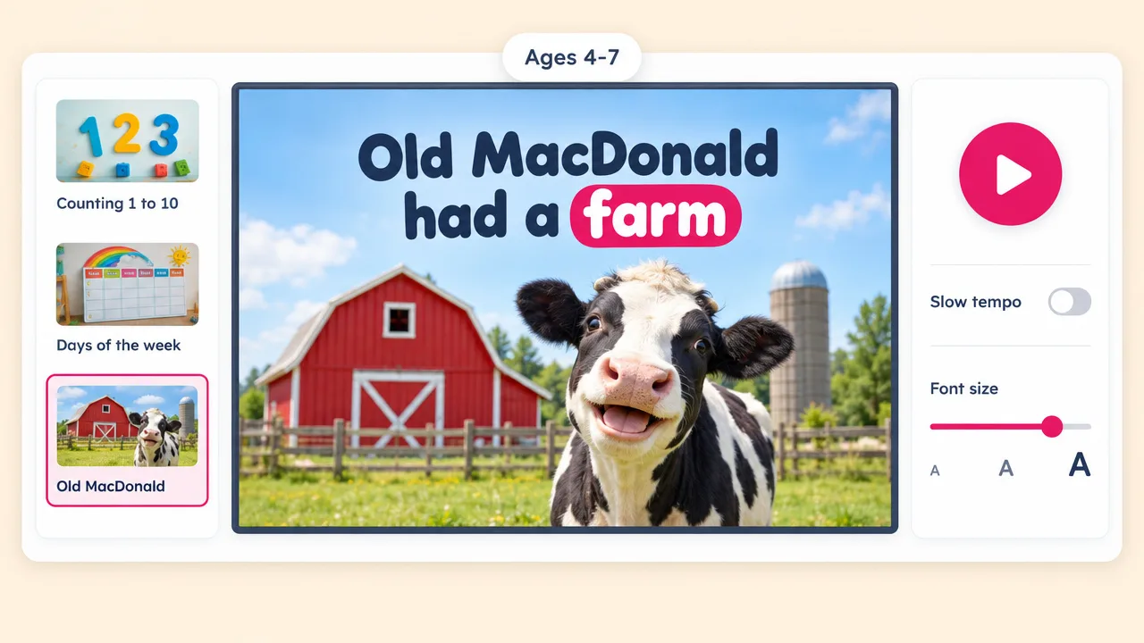 Kids classroom sing-along of "Old MacDonald had a farm" with a barn and a cow, a song list and slow tempo and font size controls