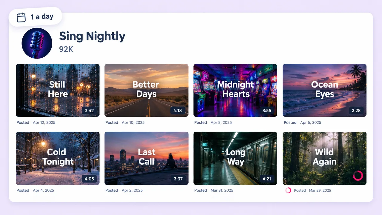 Sing Nightly channel with 92K subscribers and a grid of lyric thumbnails like "Still Here" and "Midnight Hearts" from a karaoke video maker