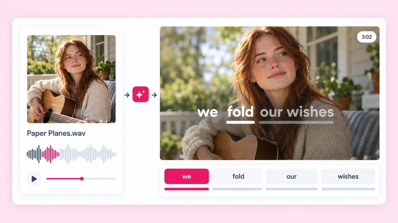 Uploaded song Paper Planes.wav turned into a lyric video of a freckled woman with a guitar, with "we fold our wishes" lighting up word by word