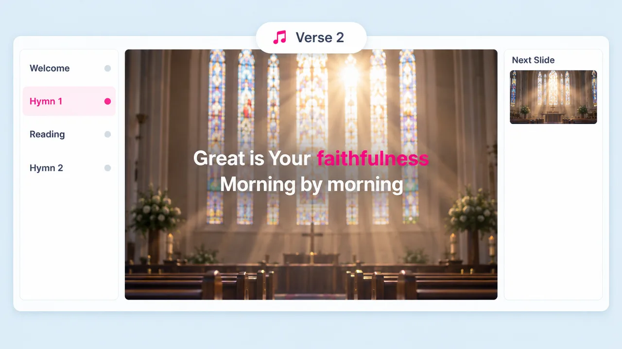 Worship lyrics "Great is Your faithfulness, morning by morning" over sunlit stained glass, with the service order showing Hymn 1 active