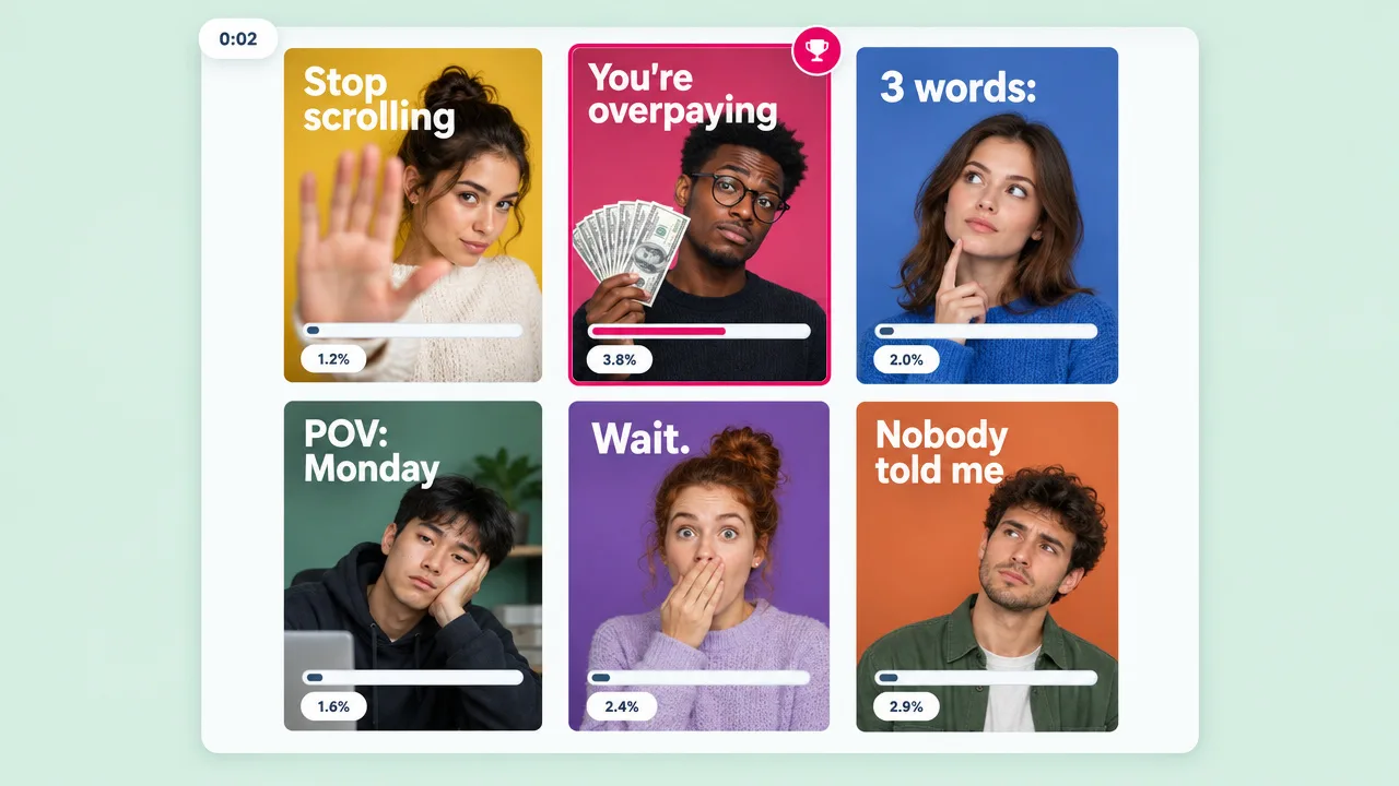 Six vertical ad hook openers built with a kinetic typography generator, from "Stop scrolling" to "Nobody told me", each showing its click rate