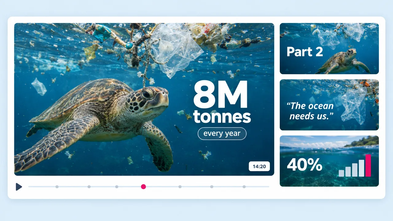 Ocean plastic explainer with a sea turtle among debris and an animated "8M tonnes every year" statistic, plus title cards for Part 2 and 40%