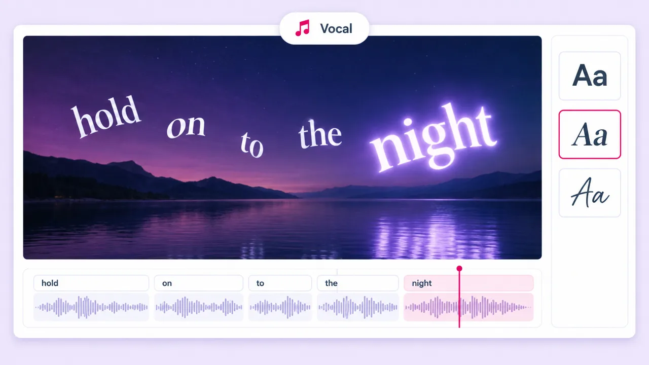 Lyric line "hold on to the night" in bouncing words over a purple lake, each word timed to its block on the vocal waveform below