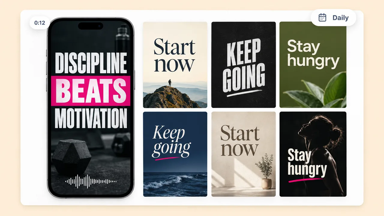 Vertical quote reel with stacked bold words "DISCIPLINE BEATS MOTIVATION" over a waveform, beside a grid of posts like "Start now" and "Stay hungry"