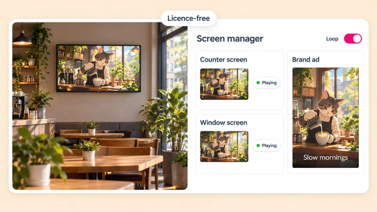 Café wall TV playing a lofi scene of a cat barista pouring latte art, with a screen manager showing counter and window screens playing