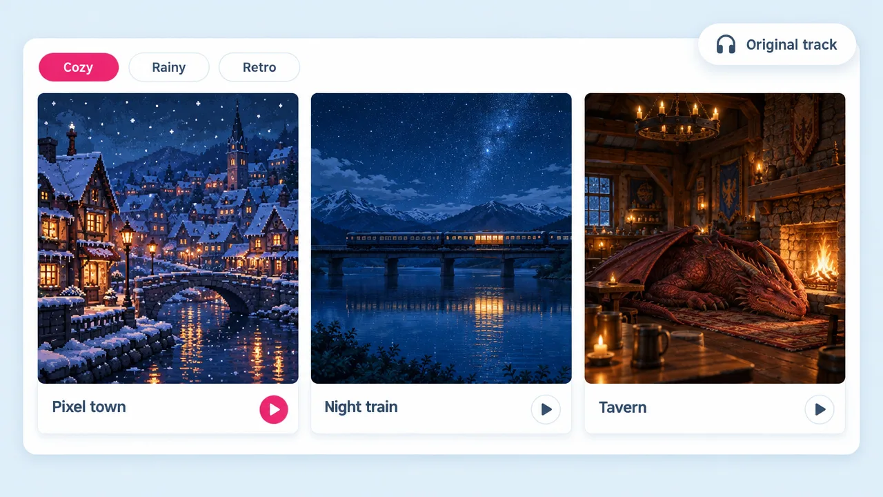 Cozy, rainy and retro moods above three lofi video generator scenes: a snowy pixel town, a night train over a lake and a tavern with a sleeping dragon