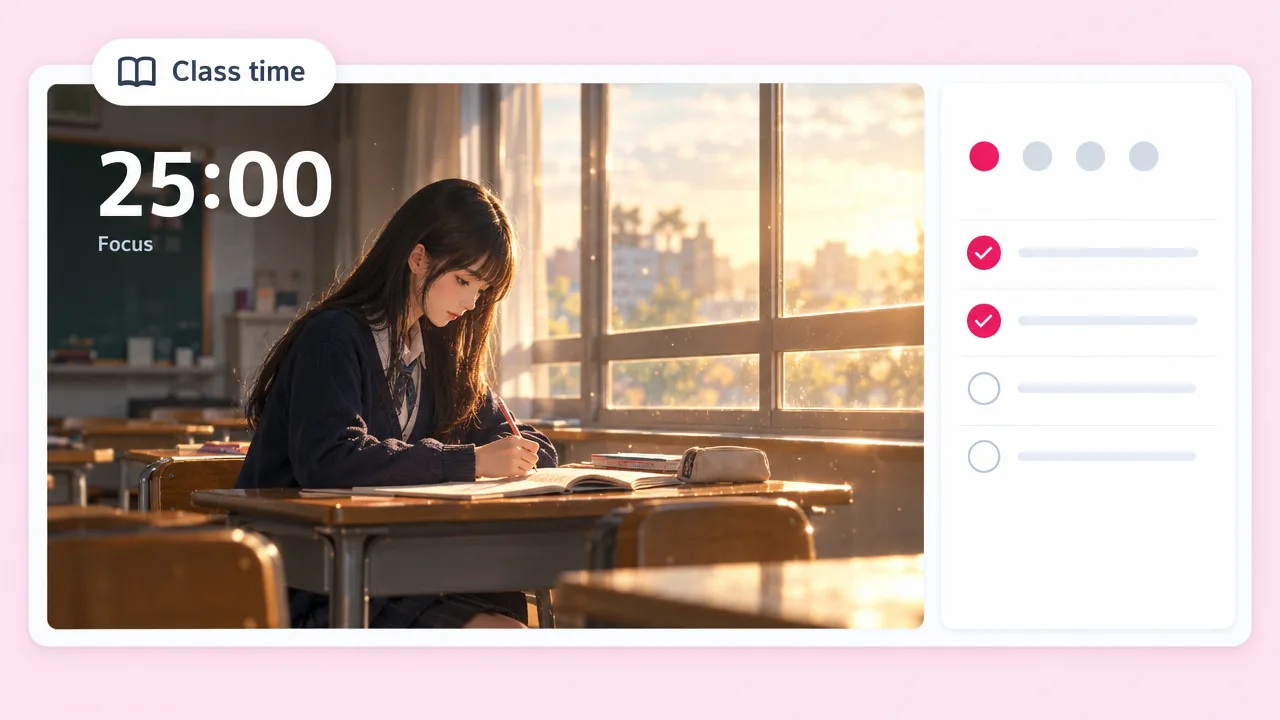 Study-with-me lofi scene of a girl studying in an empty classroom at golden hour, with a 25:00 focus timer and pomodoro session dots