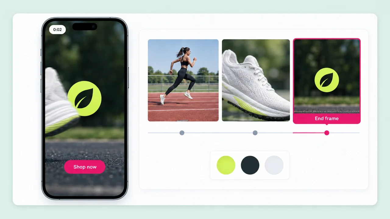 Phone playing a sneaker ad that ends on an animated leaf logo with a Shop now button, next to a timeline of runner and shoe frames