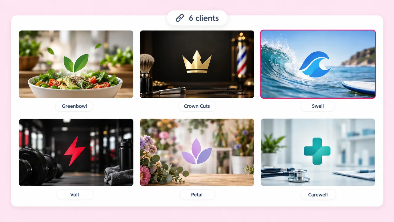 Six client logo animations mid-reveal over photo scenes, from a Greenbowl salad leaf and Crown Cuts crown to Swell, Volt, Petal and Carewell