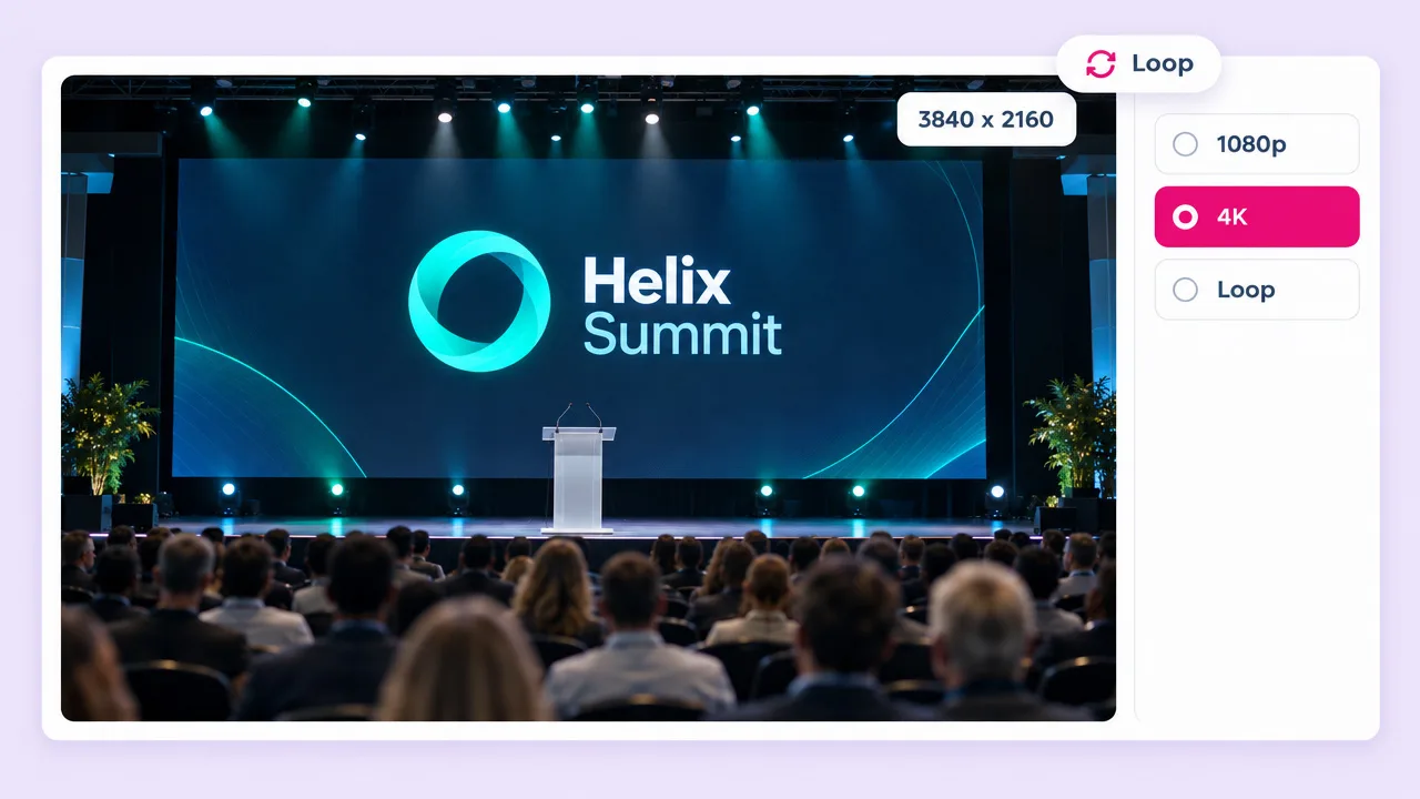 Conference stage LED wall displaying the Helix Summit ring logo as a looping 4K animated logo above an empty lectern and audience