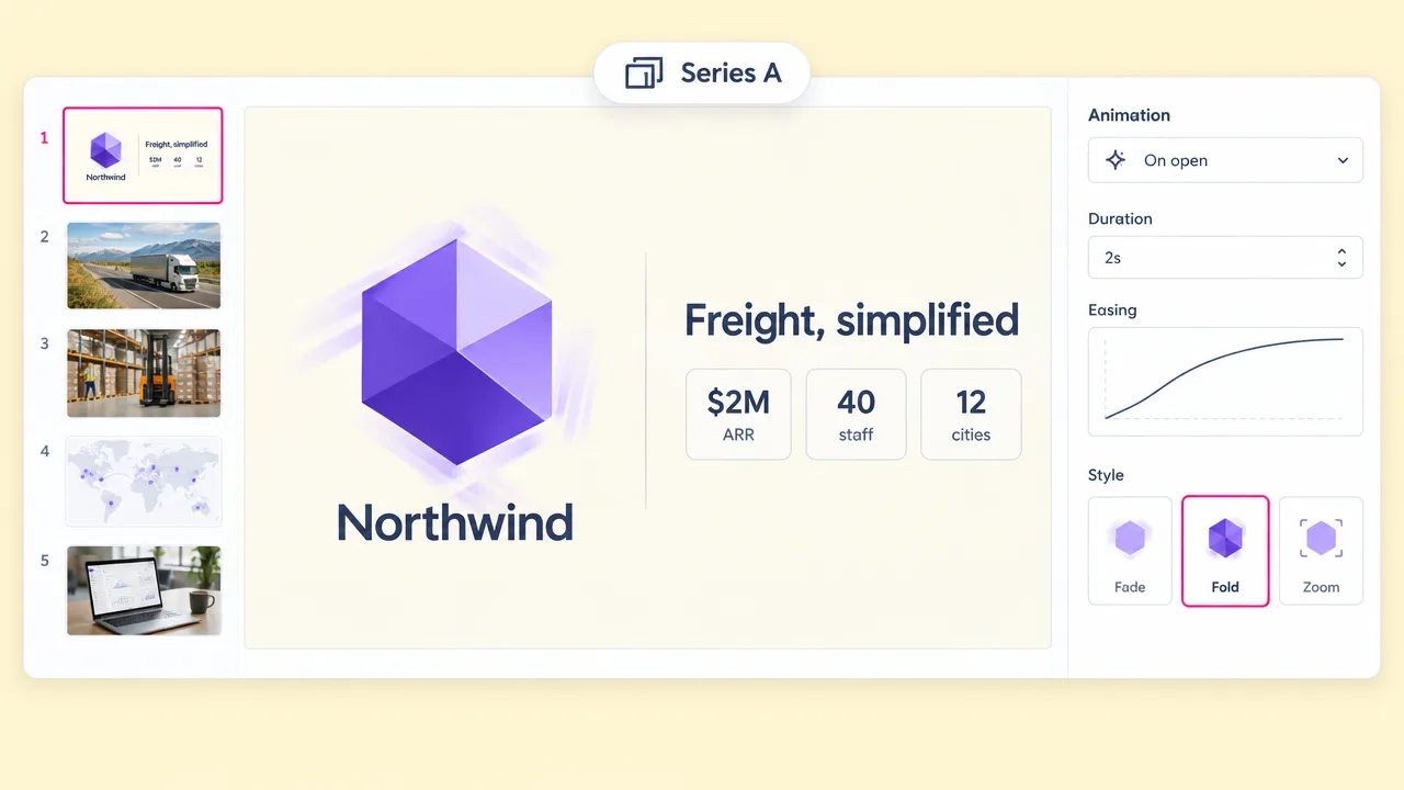 Presentation editor showing a Northwind hexagon logo animated on a Series A title slide, with Fade, Fold and Zoom logo animation styles