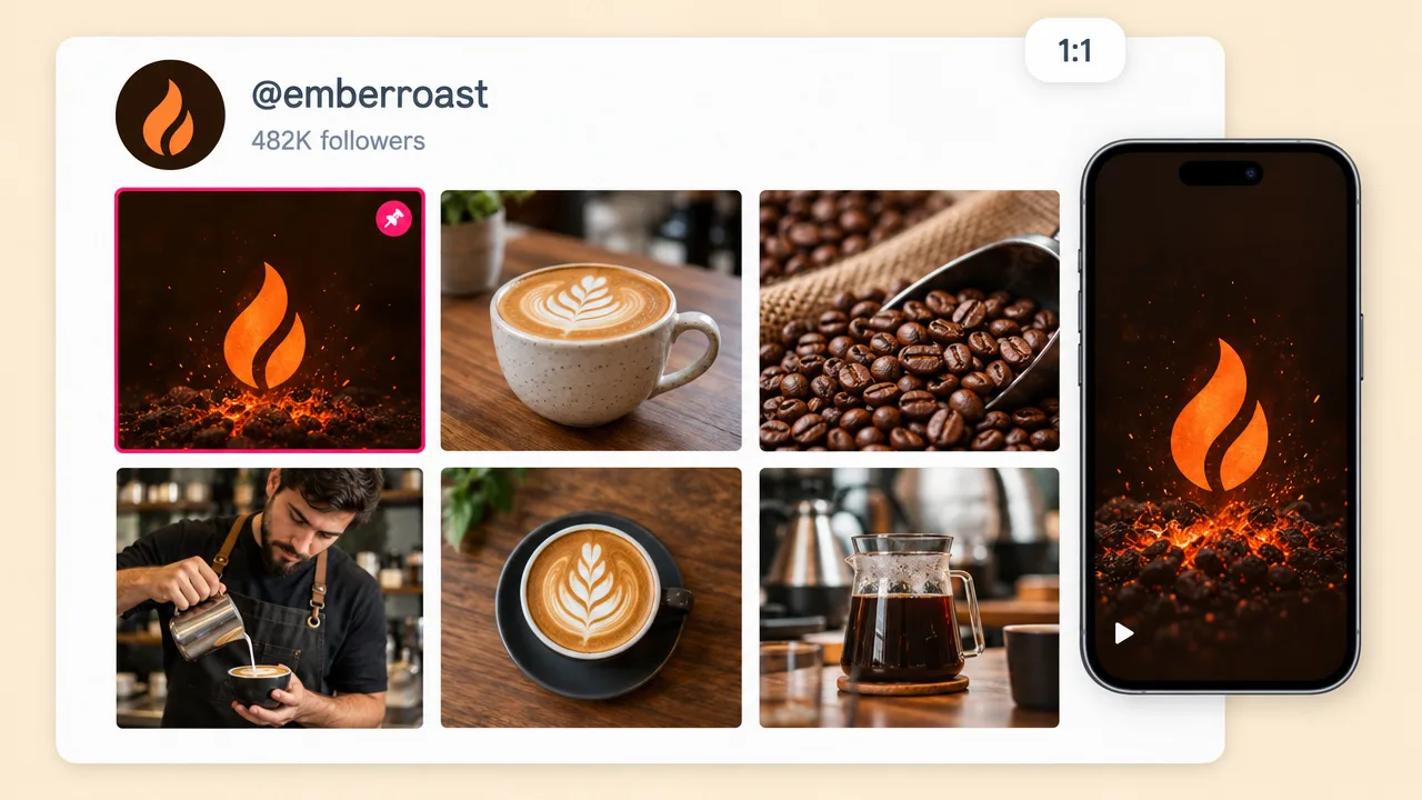 Coffee brand profile @emberroast with a pinned animated flame logo post, a matching phone reel and a grid of latte and bean photos