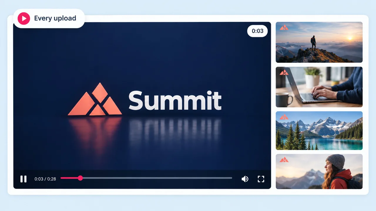 YouTube-style player opening on a Summit mountain logo reveal, a logo animation used as a video intro beside a column of outdoor clips