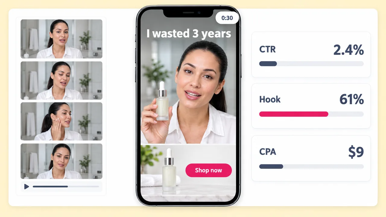 Skincare founder footage trimmed into a 30-second vertical ad opening on I wasted 3 years, with CTR, hook rate and CPA stats