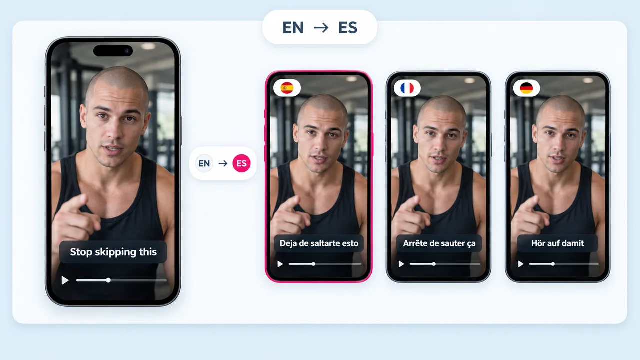 Fitness coach short captioned Stop skipping this, repurposed from long video into Spanish, French and German versions on phones