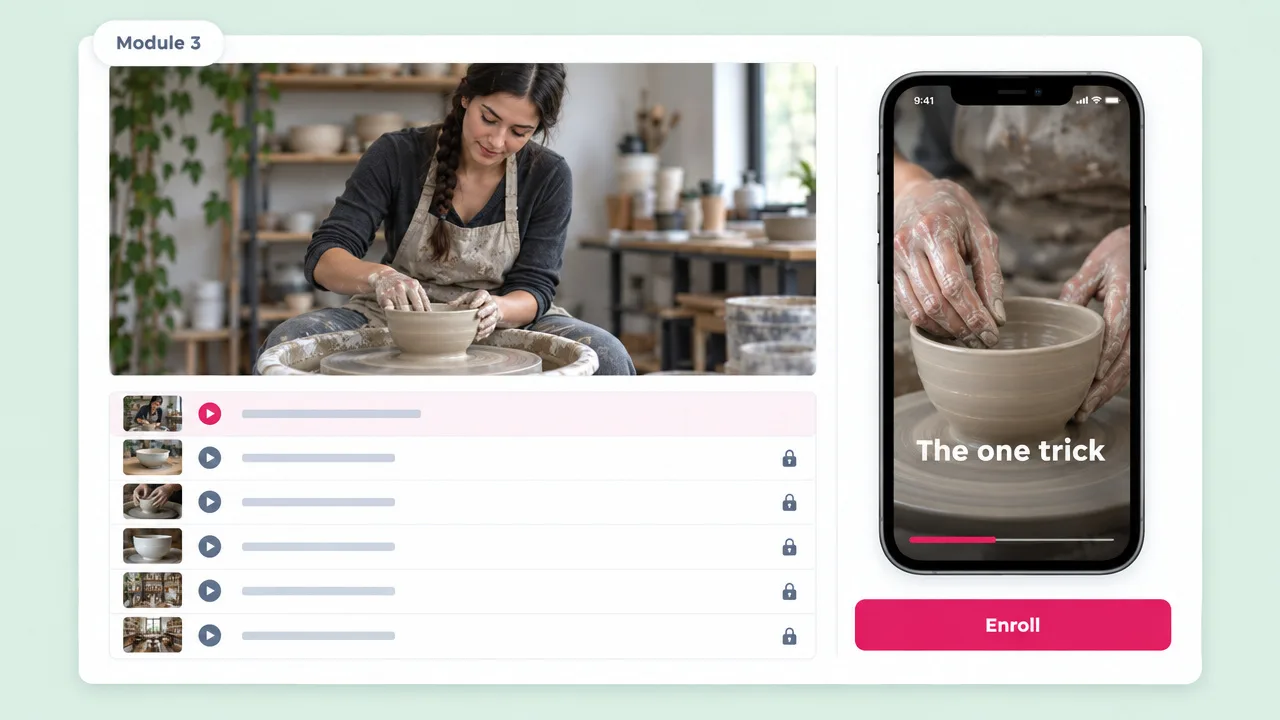 Pottery course lesson page with a locked module list, beside a vertical teaser clip titled The one trick and an Enroll button