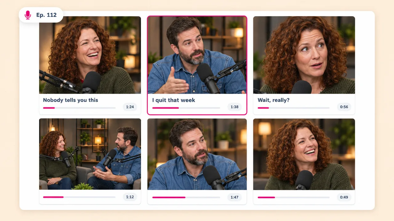 Six vertical clips cut from one podcast episode with two hosts at microphones, captioned Nobody tells you this, I quit that week and Wait, really?