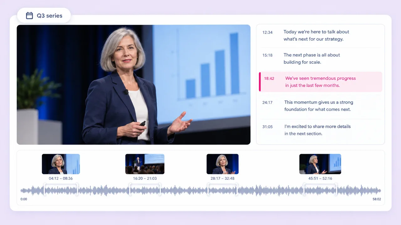 Conference talk timeline with a transcript and four highlight segments picked out of the recording to turn into short clips