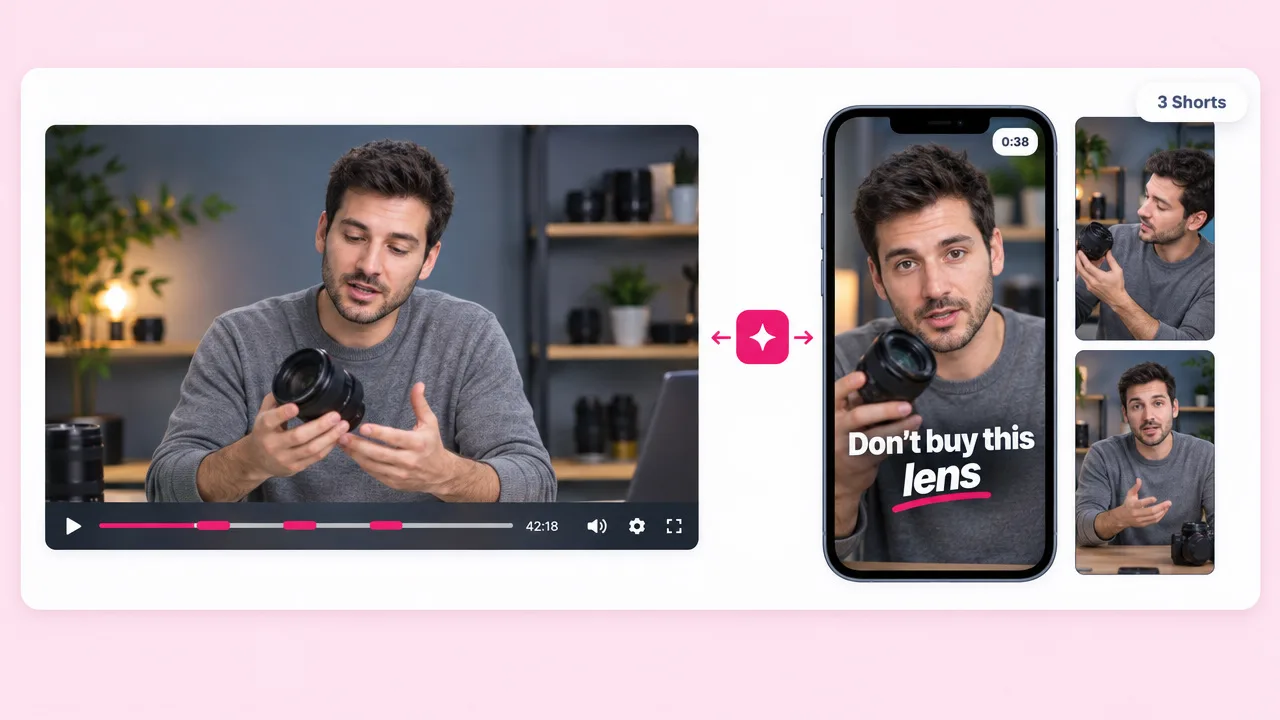 A 42-minute camera review on YouTube turned into three vertical Shorts, one captioned Don't buy this lens, showing long video to shorts